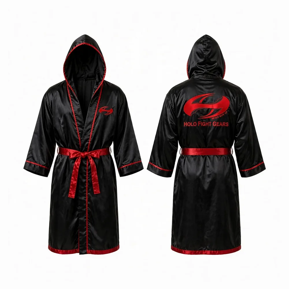 Black Holo Fight Gears satin hooded boxing robe, front and back view
