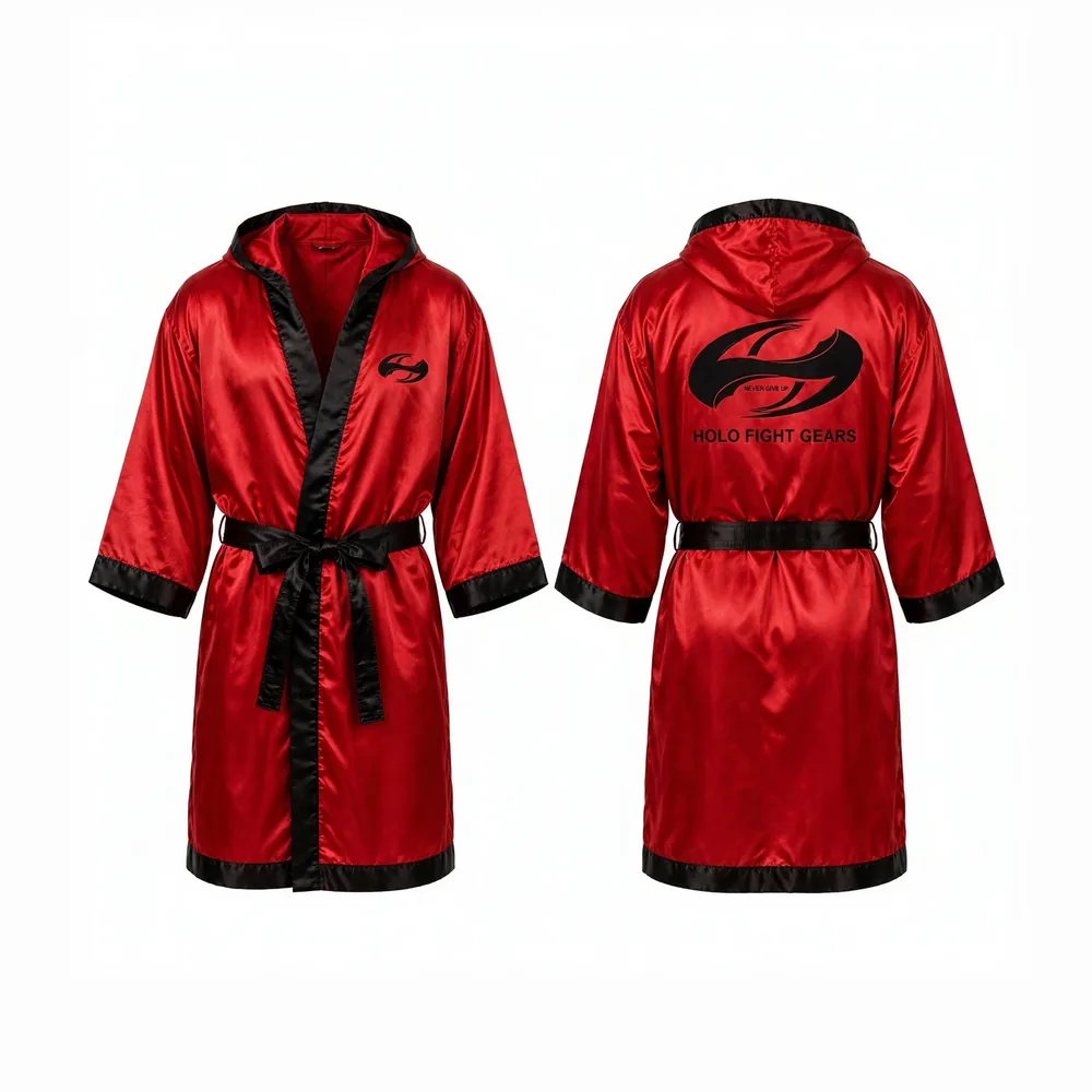 Red Holo Fight Gears satin hooded boxing robe, front and back view