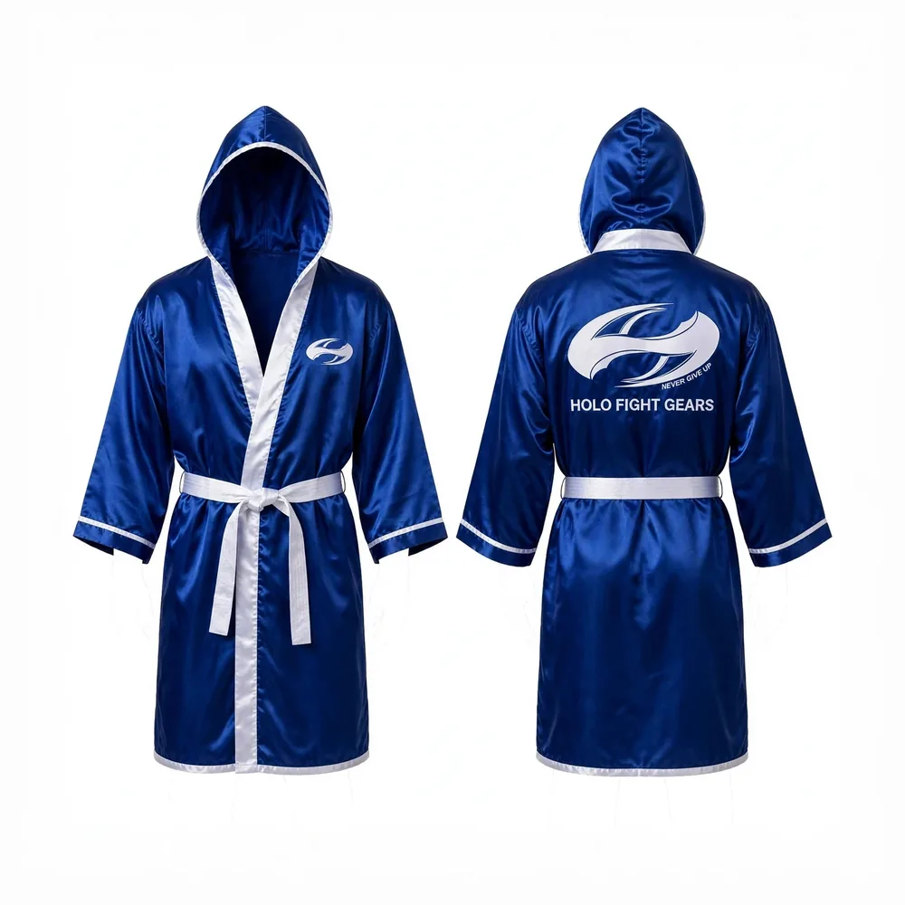 Blue Holo Fight Gears satin hooded boxing robe, front and back view