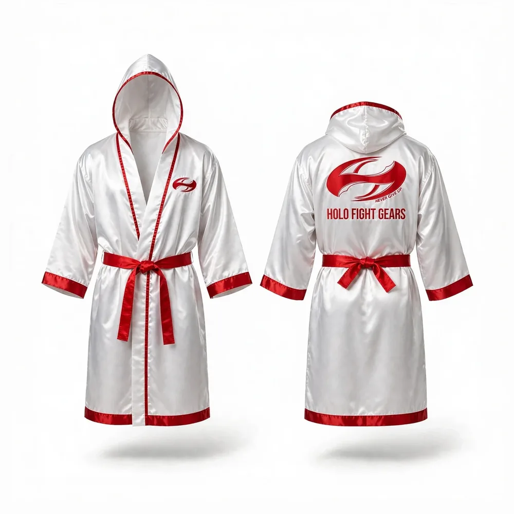 White Holo Fight Gears satin hooded boxing robe, front and back view