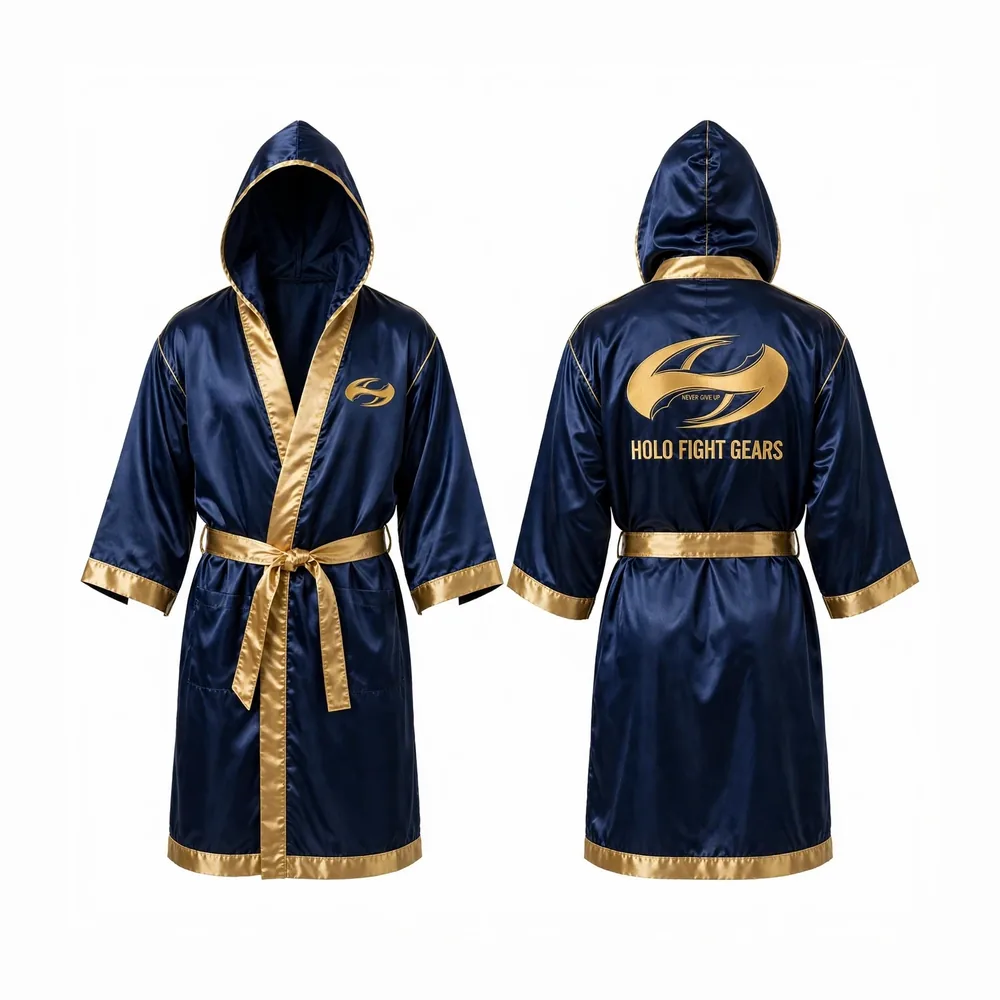 Navy Holo Fight Gears satin hooded boxing robe, front and back view