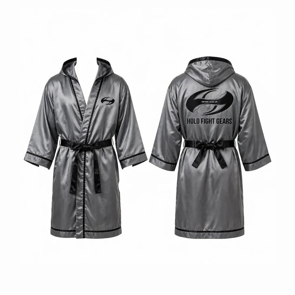 Grey Holo Fight Gears satin hooded boxing robe, front and back view
