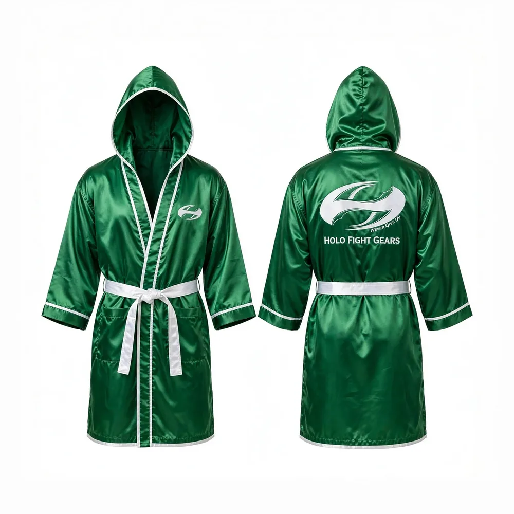 Green Holo Fight Gears satin hooded boxing robe, front and back view