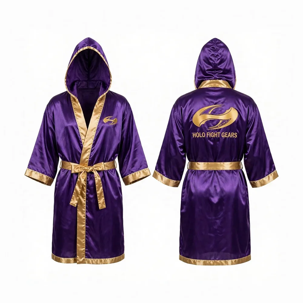 Purple Holo Fight Gears satin hooded boxing robe, front and back view