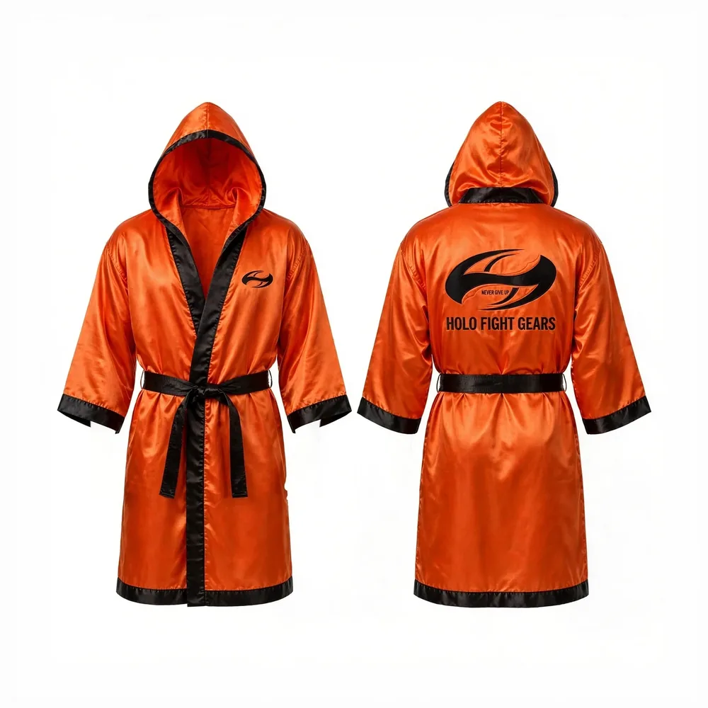 Orange Holo Fight Gears satin hooded boxing robe, front and back view