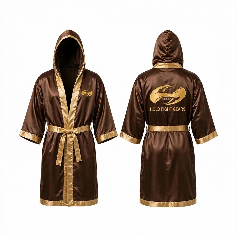 Brown Holo Fight Gears satin hooded boxing robe, front and back view
