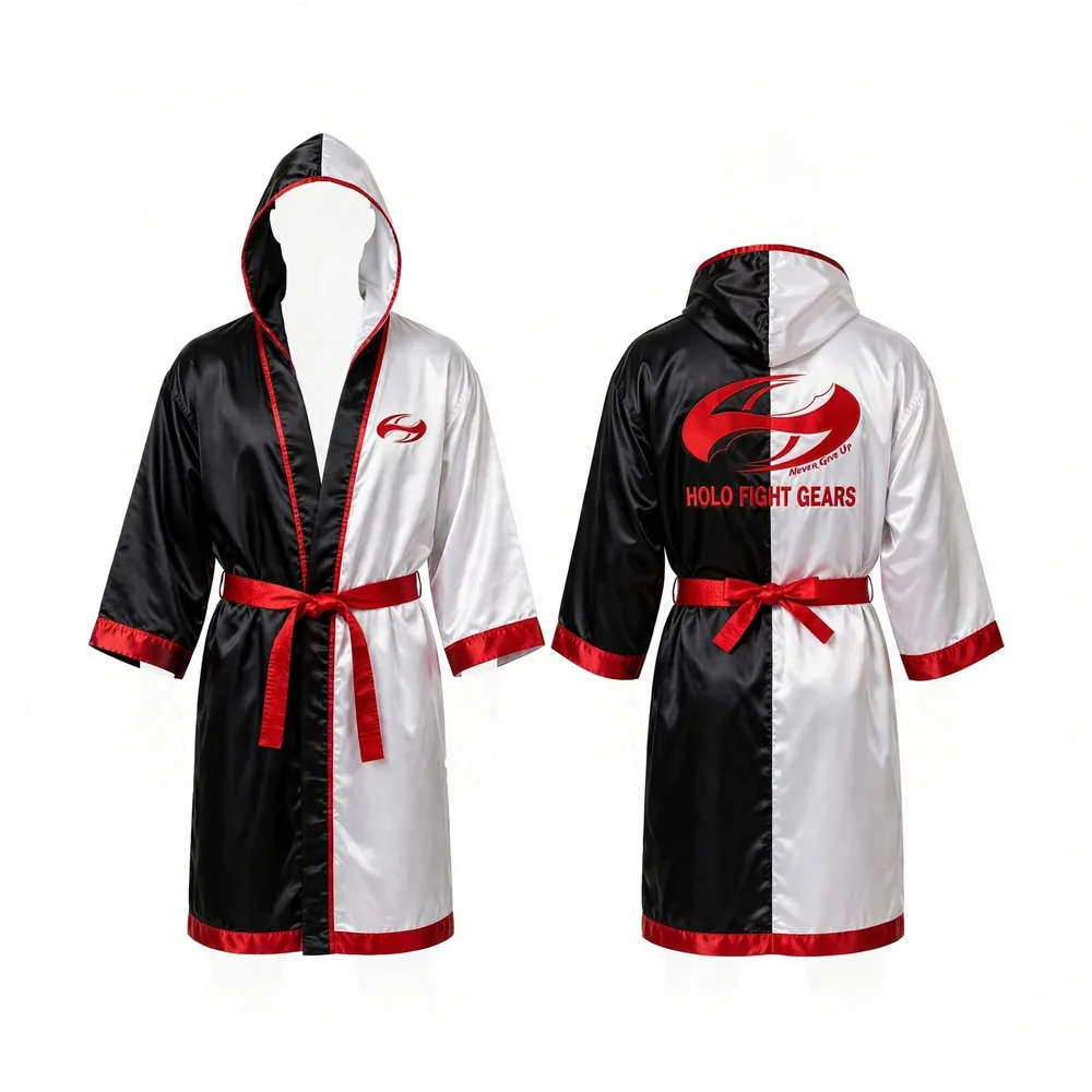 Black & White Holo Fight Gears satin hooded boxing robe, front and back view