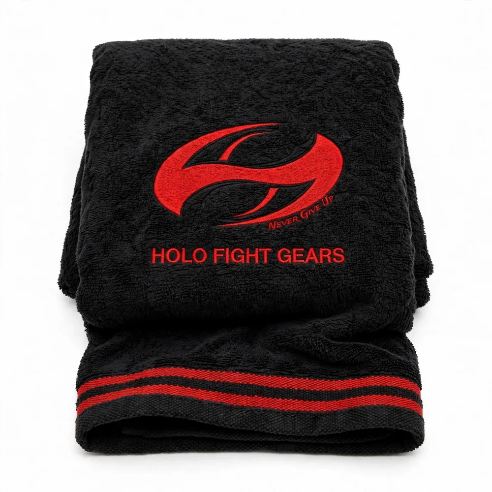 Black Holo Fight Gears premium cotton terry boxing towel, folded