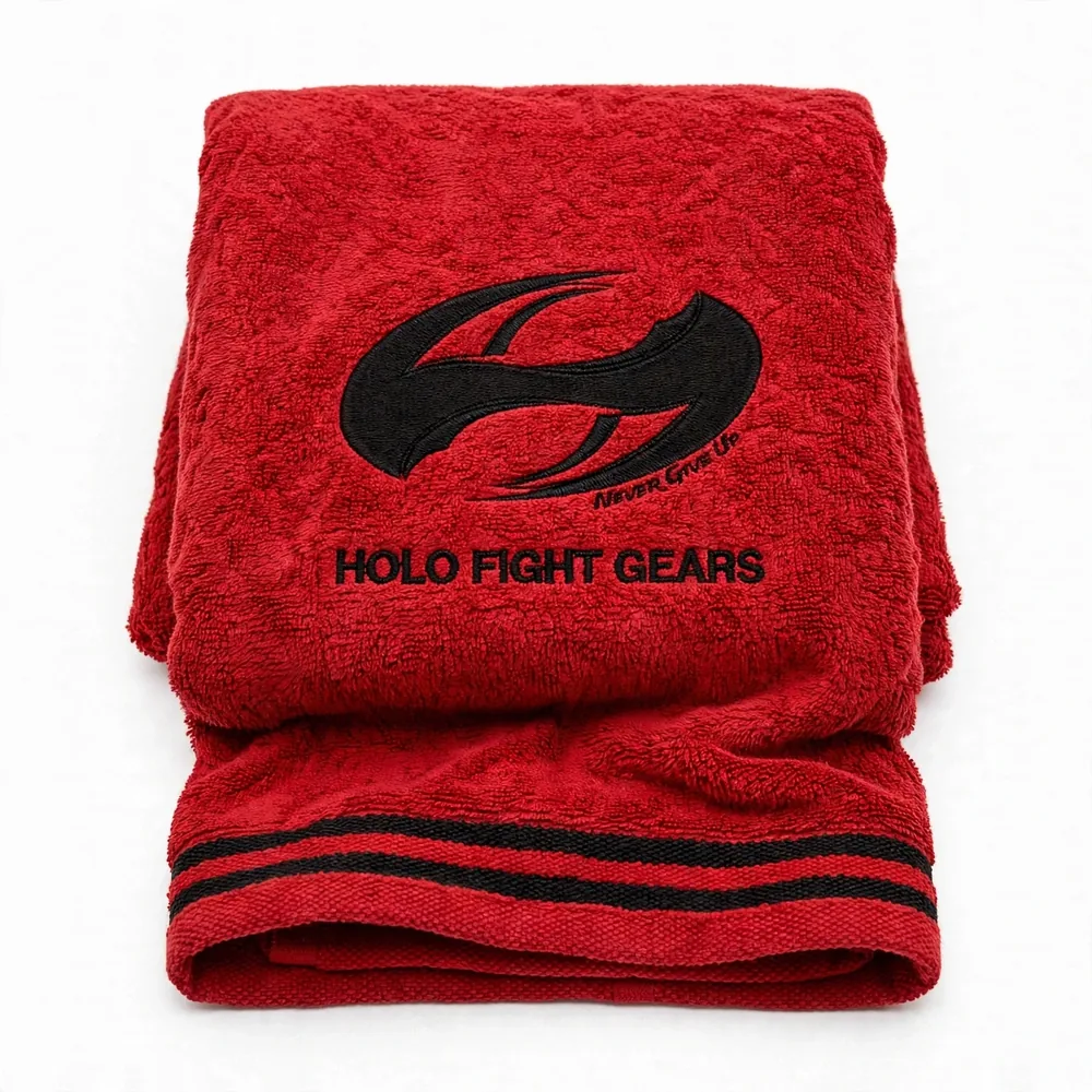 Red Holo Fight Gears premium cotton terry boxing towel, folded