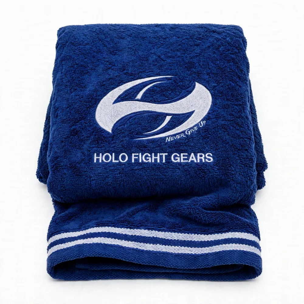 Blue Holo Fight Gears premium cotton terry boxing towel, folded