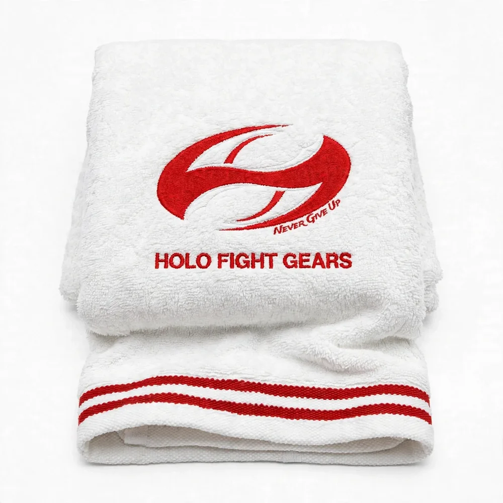 White Holo Fight Gears premium cotton terry boxing towel, folded