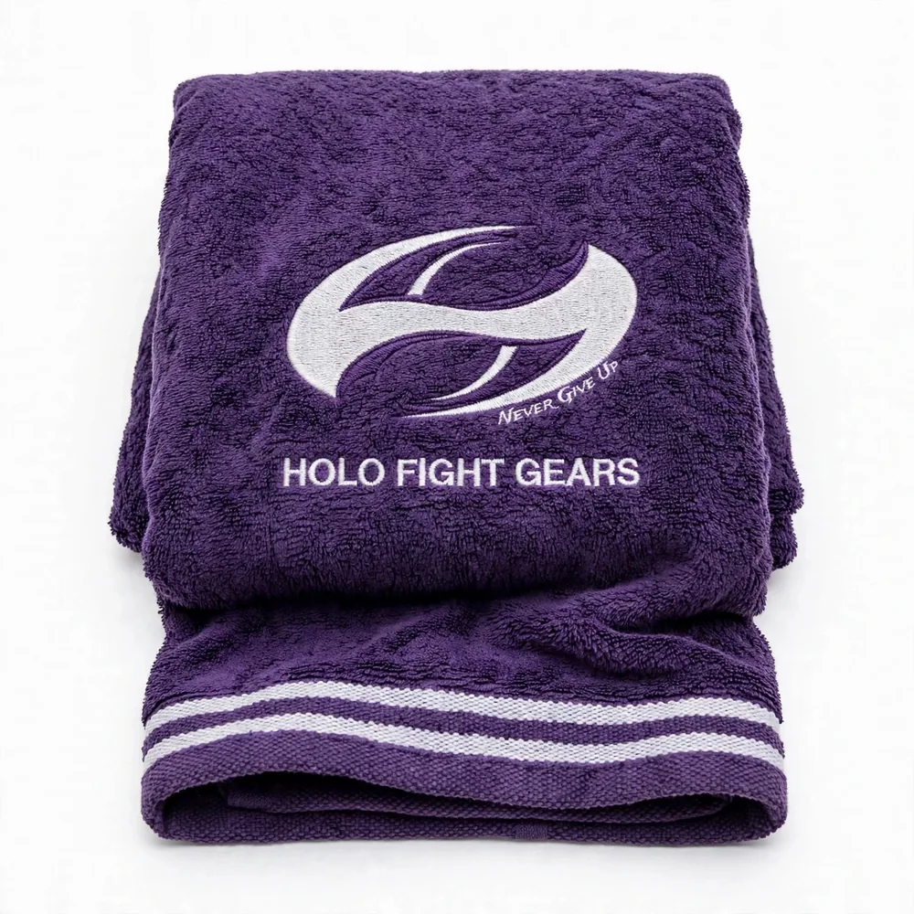 Purple Holo Fight Gears premium cotton terry boxing towel, folded