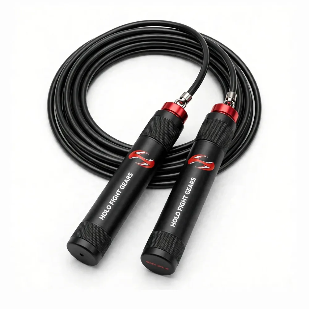 Black Holo Fight Gears skipping rope, coiled cable with two aluminium handles