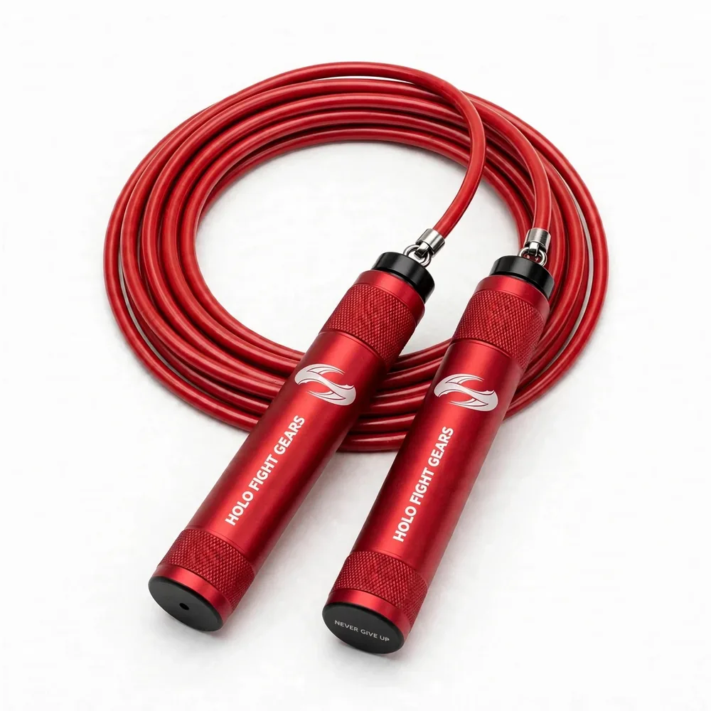 Red Holo Fight Gears skipping rope, coiled cable with two aluminium handles