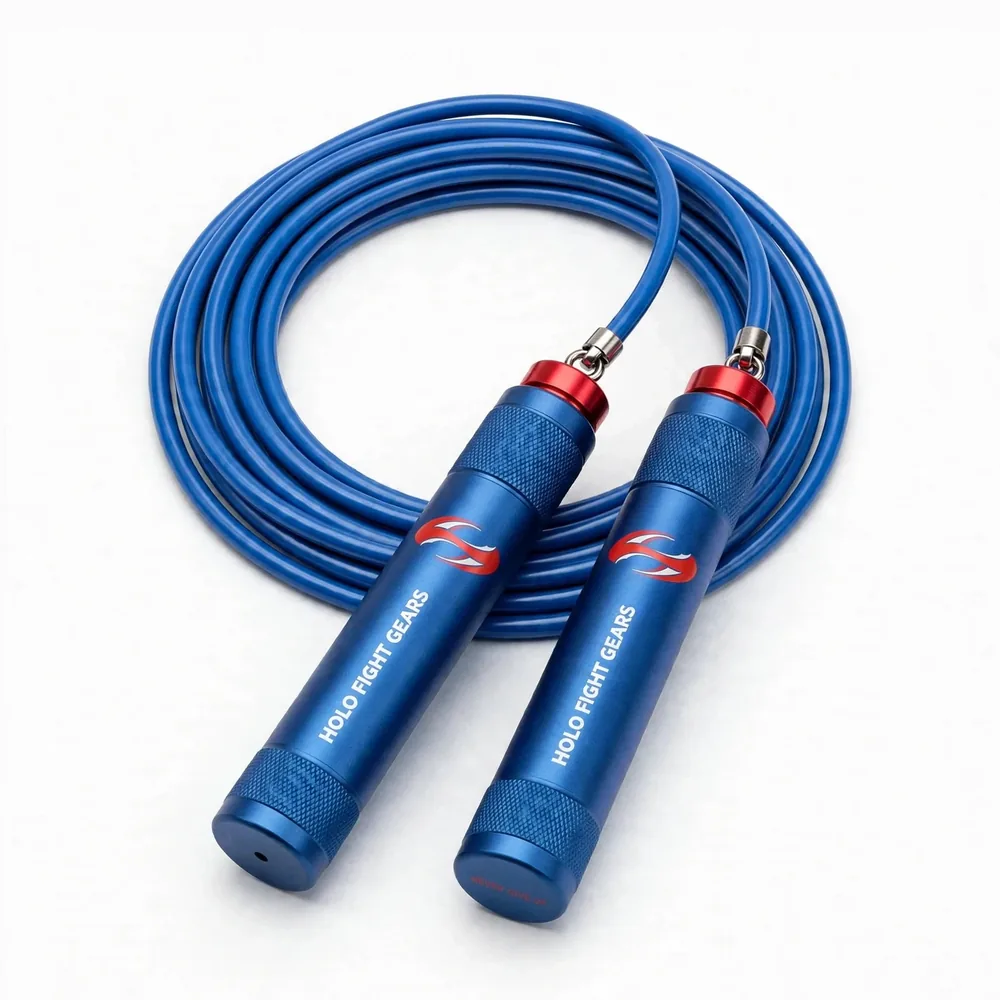 Blue Holo Fight Gears skipping rope, coiled cable with two aluminium handles