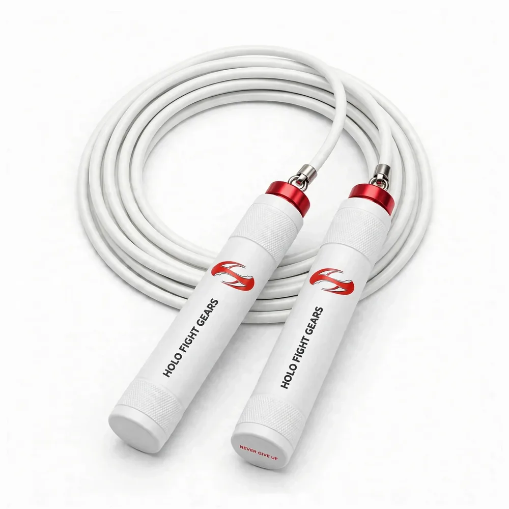 White Holo Fight Gears skipping rope, coiled cable with two aluminium handles