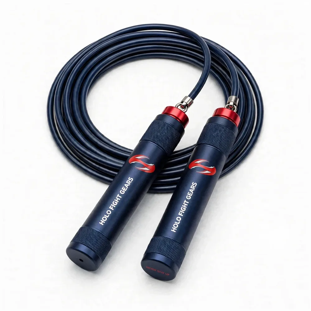 Navy Holo Fight Gears skipping rope, coiled cable with two aluminium handles