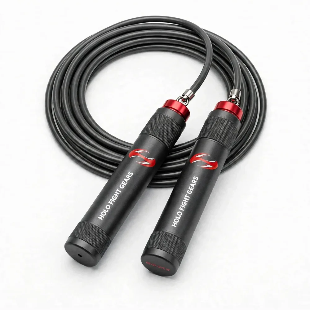 Grey Holo Fight Gears skipping rope, coiled cable with two aluminium handles