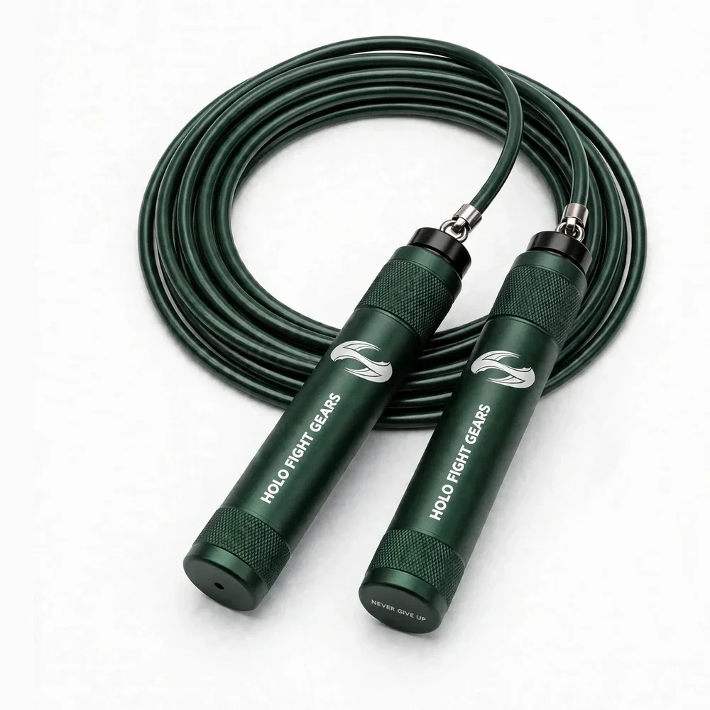 Green Holo Fight Gears skipping rope, coiled cable with two aluminium handles