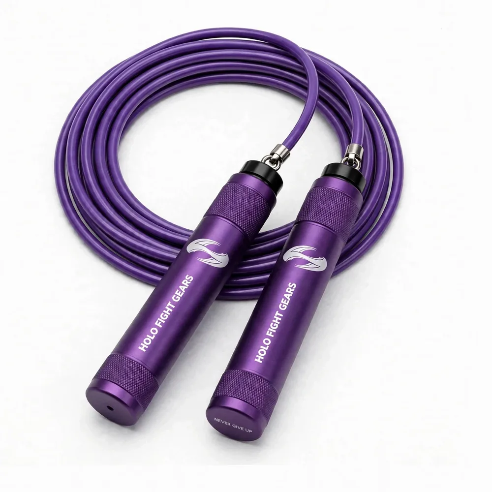 Purple Holo Fight Gears skipping rope, coiled cable with two aluminium handles
