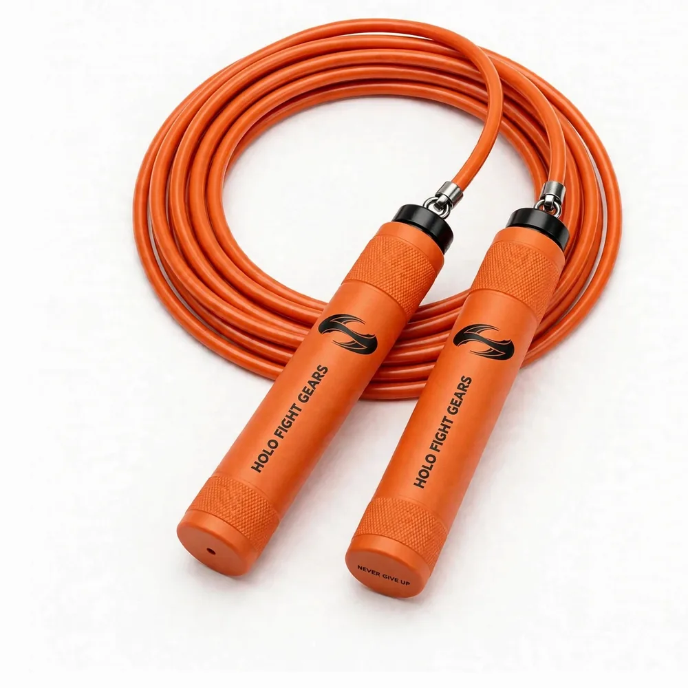 Orange Holo Fight Gears skipping rope, coiled cable with two aluminium handles