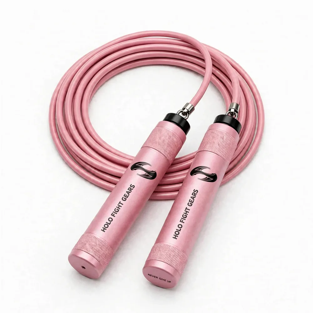Pink Holo Fight Gears skipping rope, coiled cable with two aluminium handles