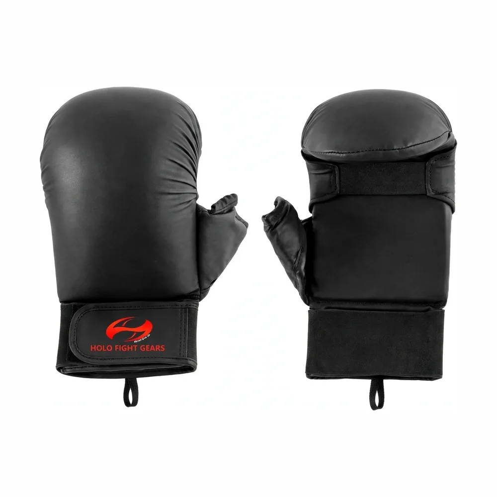Black Holo Fight Gears karate mitts, smooth one-piece dome shell with padded thumb and wide velcro wrist cuff
