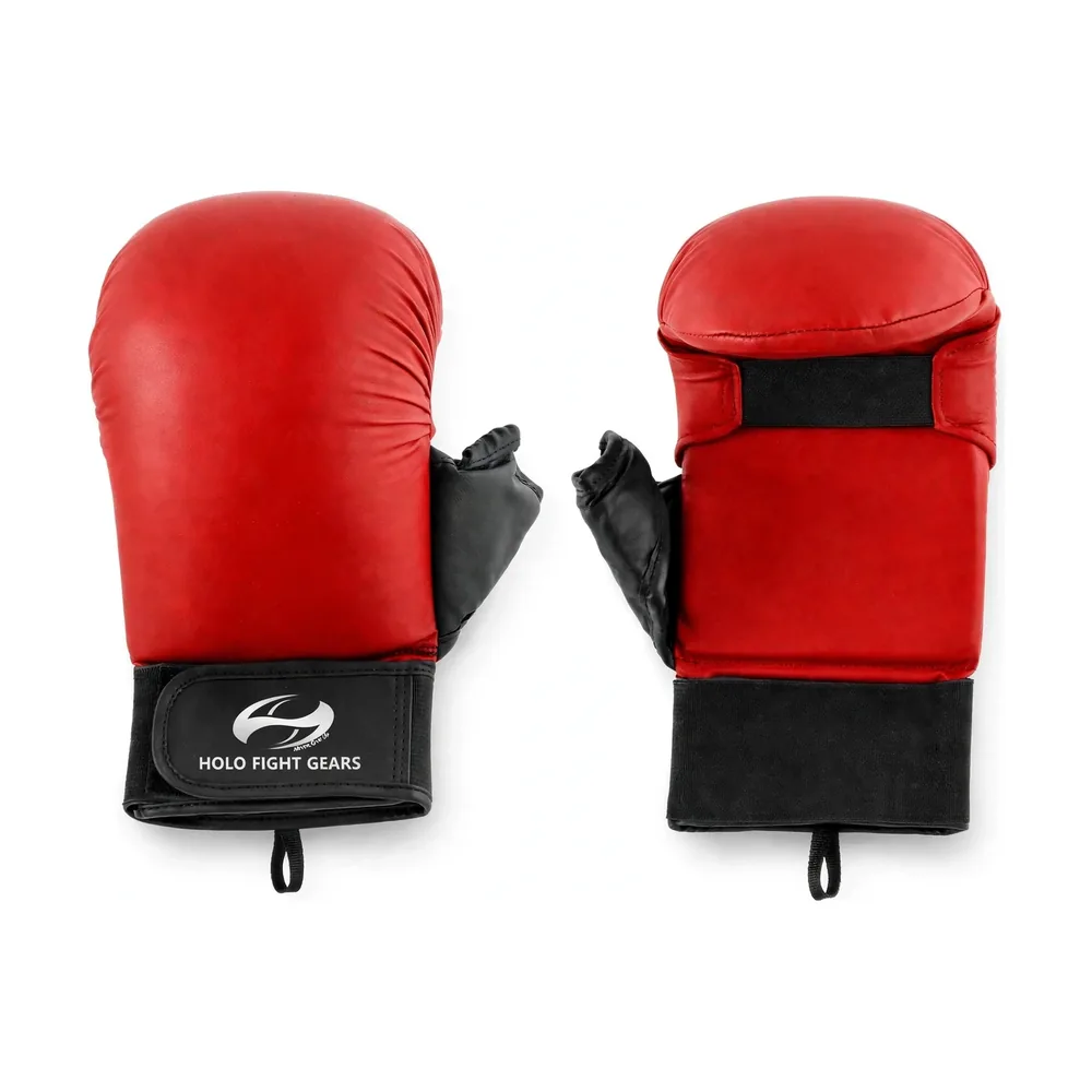 Red Holo Fight Gears karate mitts, smooth one-piece dome shell with padded thumb and wide velcro wrist cuff