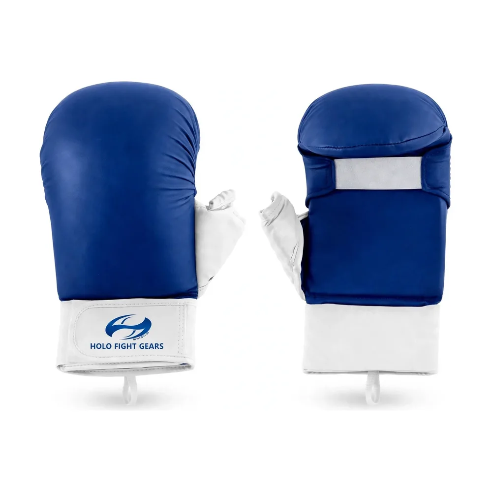 Blue Holo Fight Gears karate mitts, smooth one-piece dome shell with padded thumb and wide velcro wrist cuff