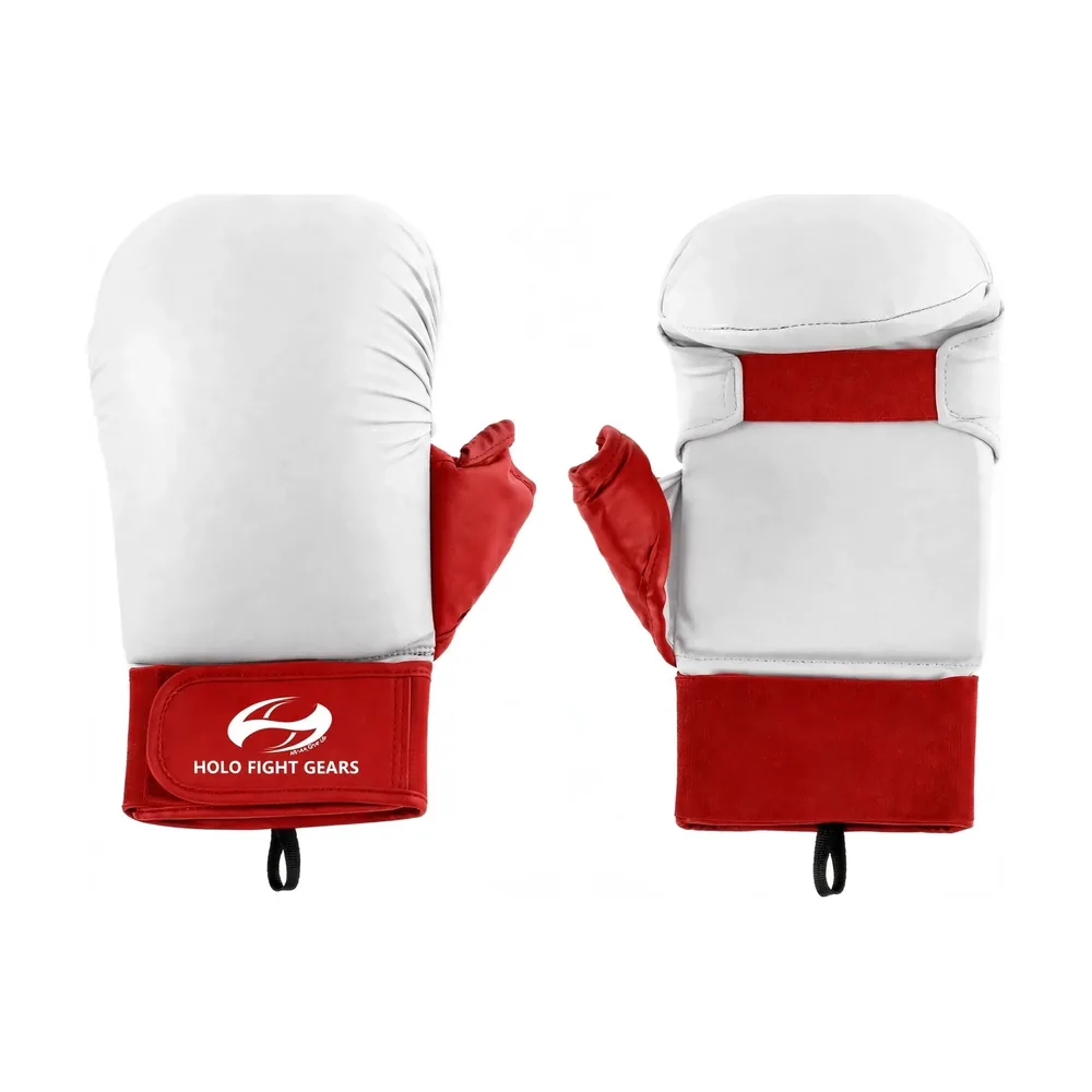 White Holo Fight Gears karate mitts, smooth one-piece dome shell with padded thumb and wide velcro wrist cuff