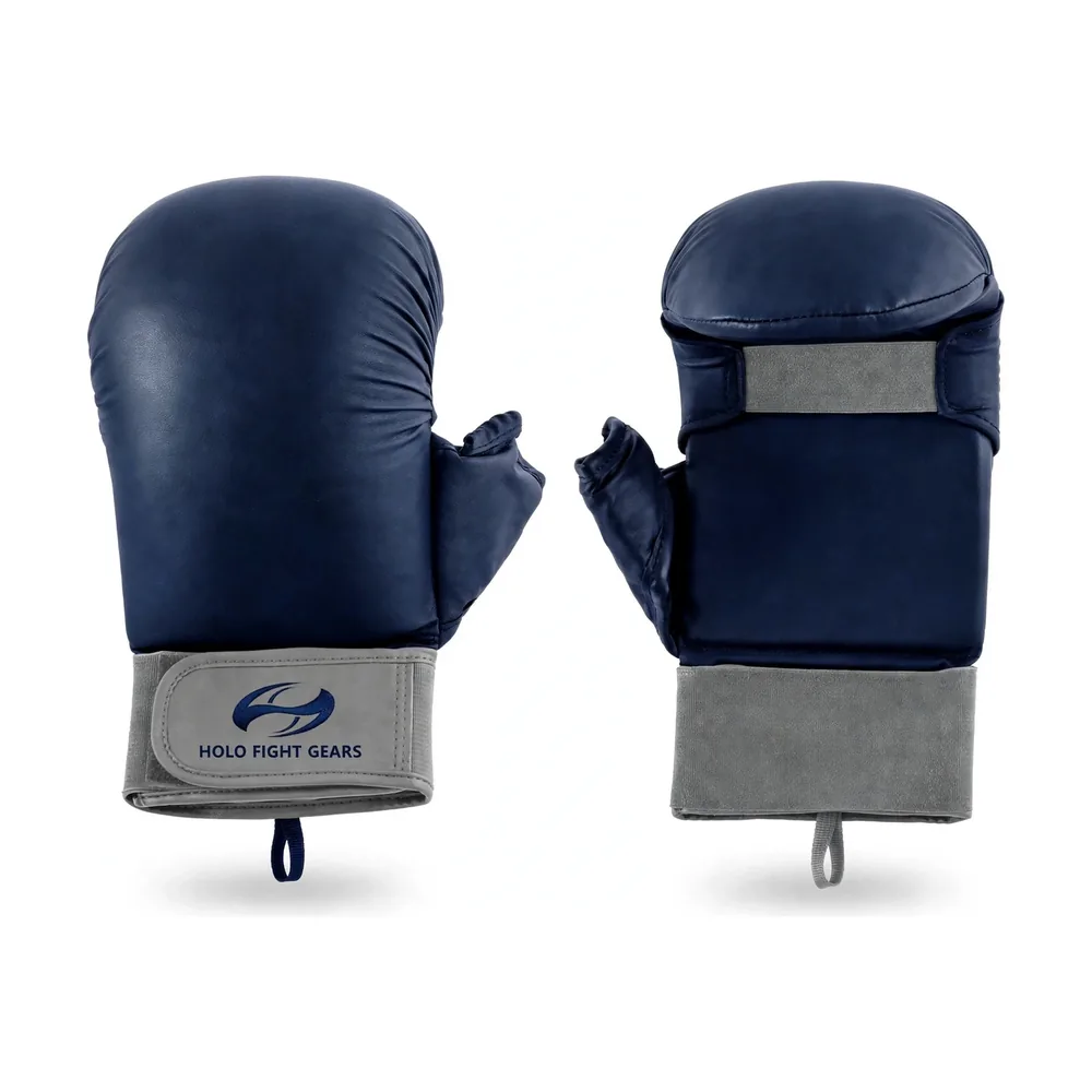 Navy Holo Fight Gears karate mitts, smooth one-piece dome shell with padded thumb and wide velcro wrist cuff