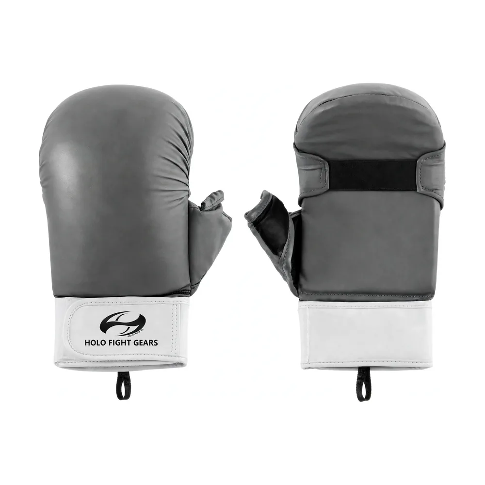 Grey Holo Fight Gears karate mitts, smooth one-piece dome shell with padded thumb and wide velcro wrist cuff