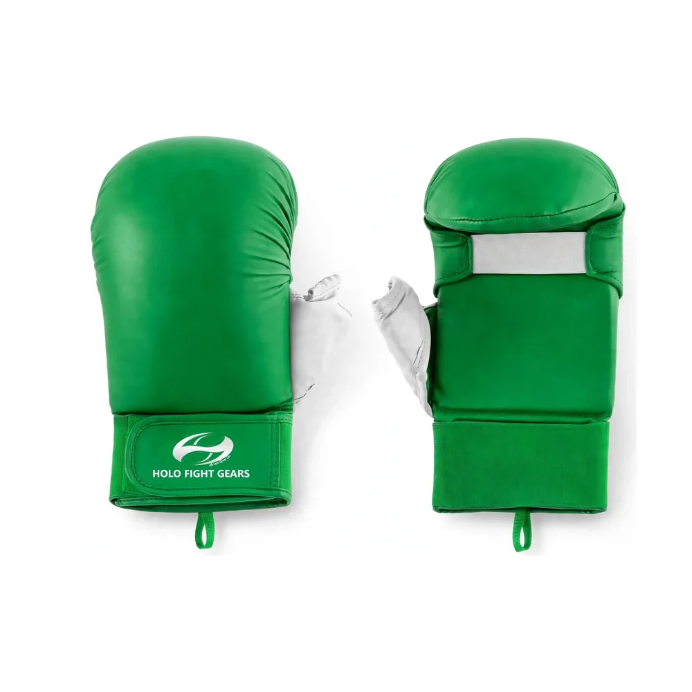 Green Holo Fight Gears karate mitts, smooth one-piece dome shell with padded thumb and wide velcro wrist cuff