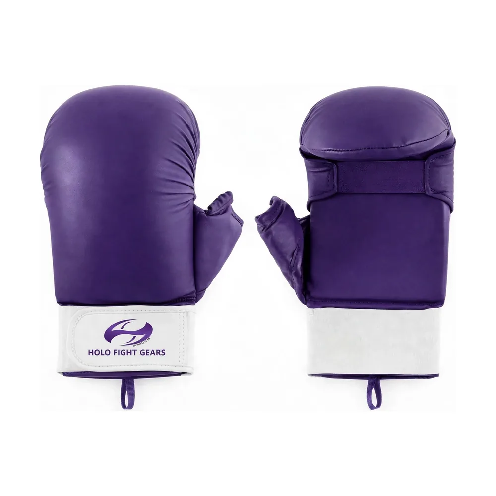 Purple Holo Fight Gears karate mitts, smooth one-piece dome shell with padded thumb and wide velcro wrist cuff