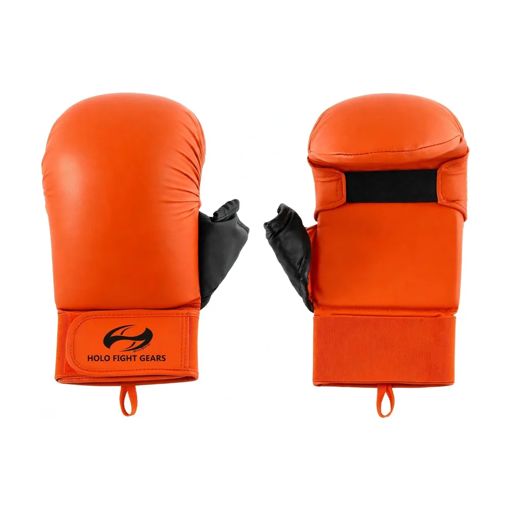 Orange Holo Fight Gears karate mitts, smooth one-piece dome shell with padded thumb and wide velcro wrist cuff