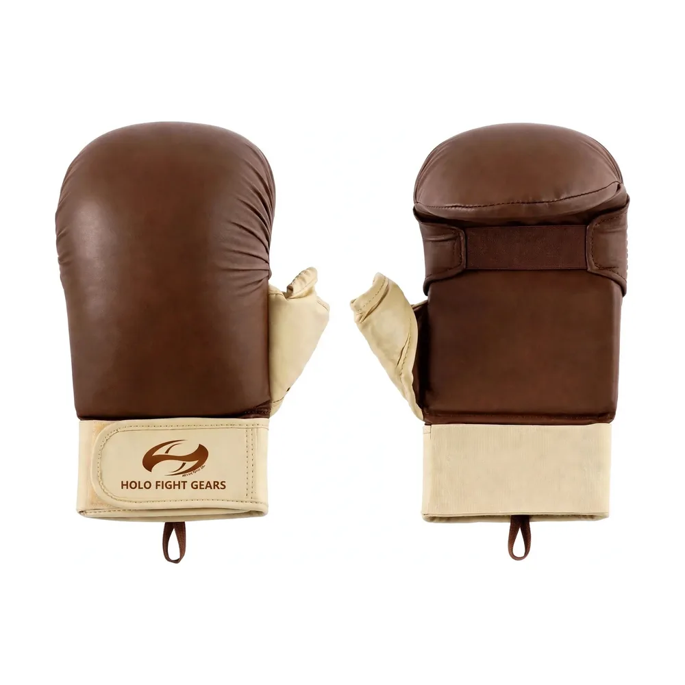 Brown Holo Fight Gears karate mitts, smooth one-piece dome shell with padded thumb and wide velcro wrist cuff