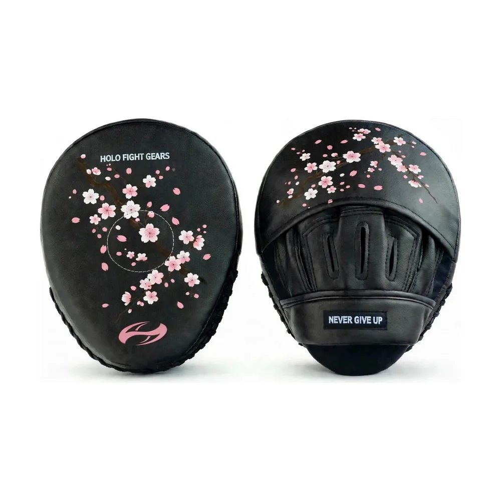 Sakura Holo Fight Gears focus mitts, compact rounded coaching mitts with printed graphic striking face, finger cover flap, finger slots and padded wrist band