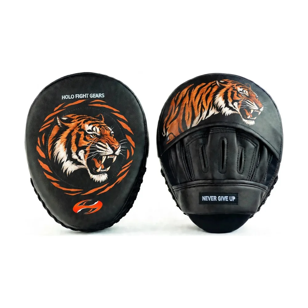 Tiger Holo Fight Gears focus mitts, compact rounded coaching mitts with printed graphic striking face, finger cover flap, finger slots and padded wrist band