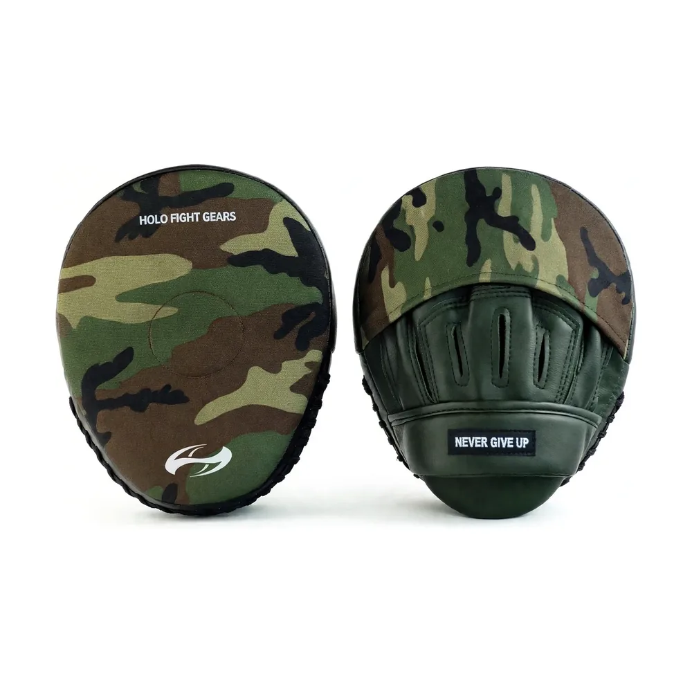Camo Holo Fight Gears focus mitts, compact rounded coaching mitts with printed graphic striking face, finger cover flap, finger slots and padded wrist band
