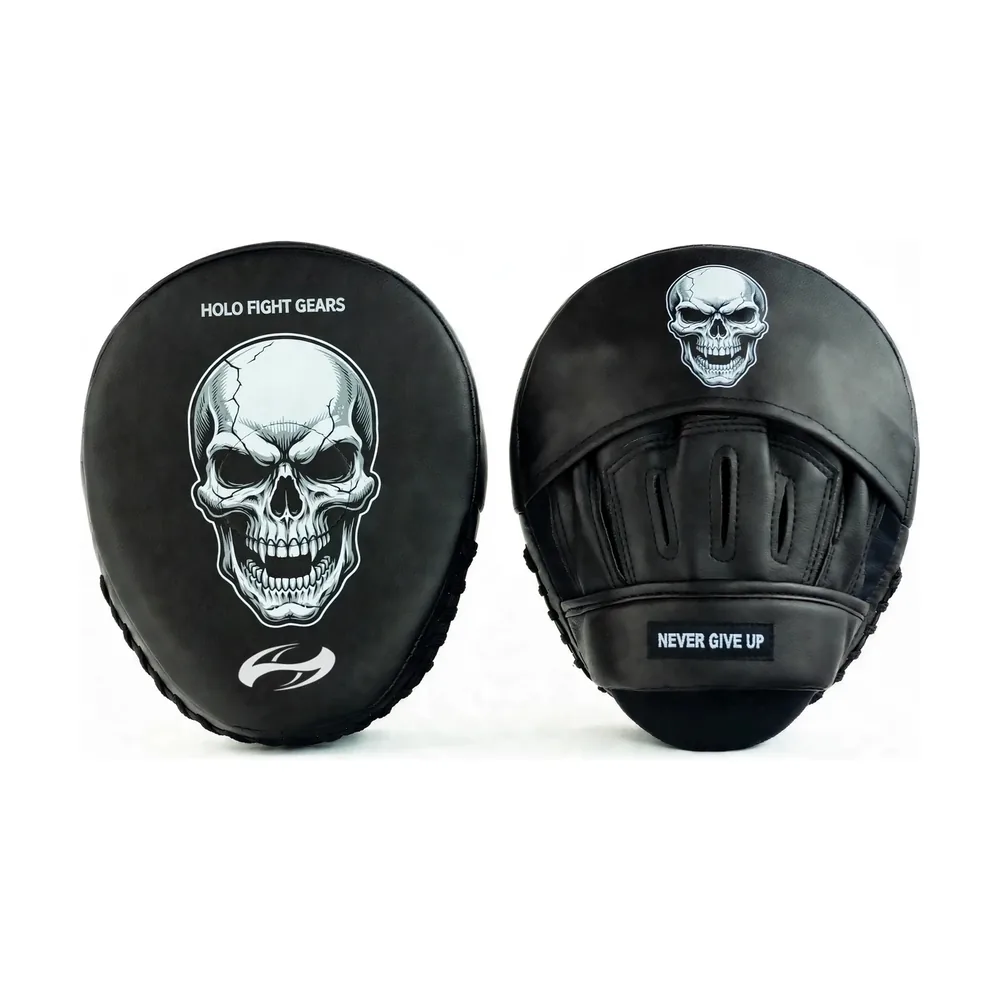 Skull Holo Fight Gears focus mitts, compact rounded coaching mitts with printed graphic striking face, finger cover flap, finger slots and padded wrist band