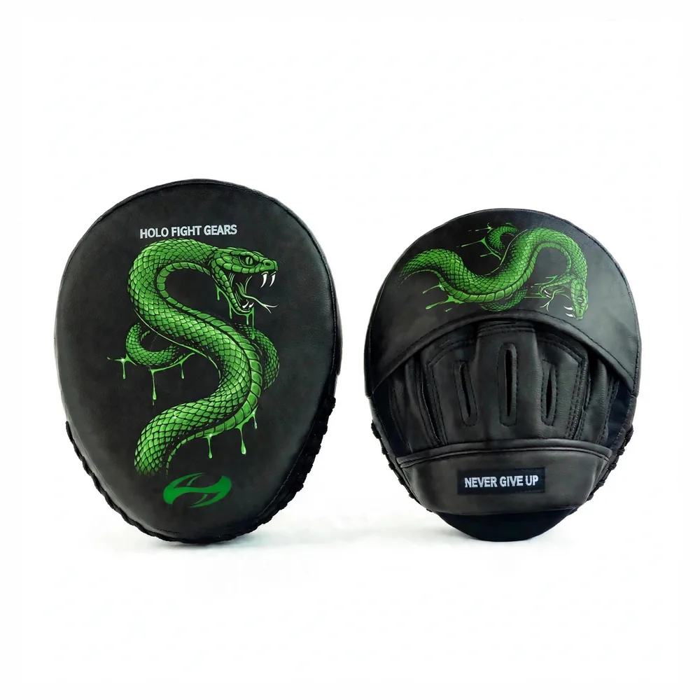 Venom Holo Fight Gears focus mitts, compact rounded coaching mitts with printed graphic striking face, finger cover flap, finger slots and padded wrist band