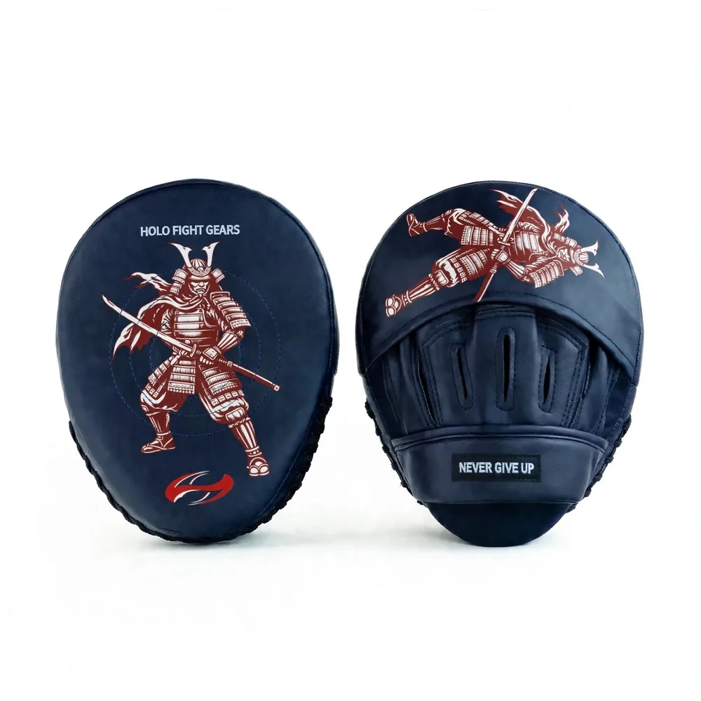 Ronin Holo Fight Gears focus mitts, compact rounded coaching mitts with printed graphic striking face, finger cover flap, finger slots and padded wrist band