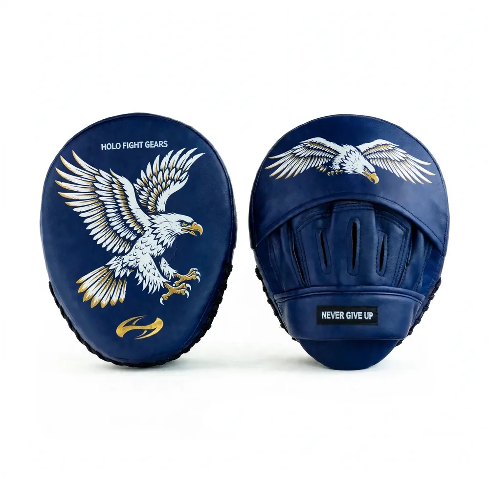 Eagle Holo Fight Gears focus mitts, compact rounded coaching mitts with printed graphic striking face, finger cover flap, finger slots and padded wrist band