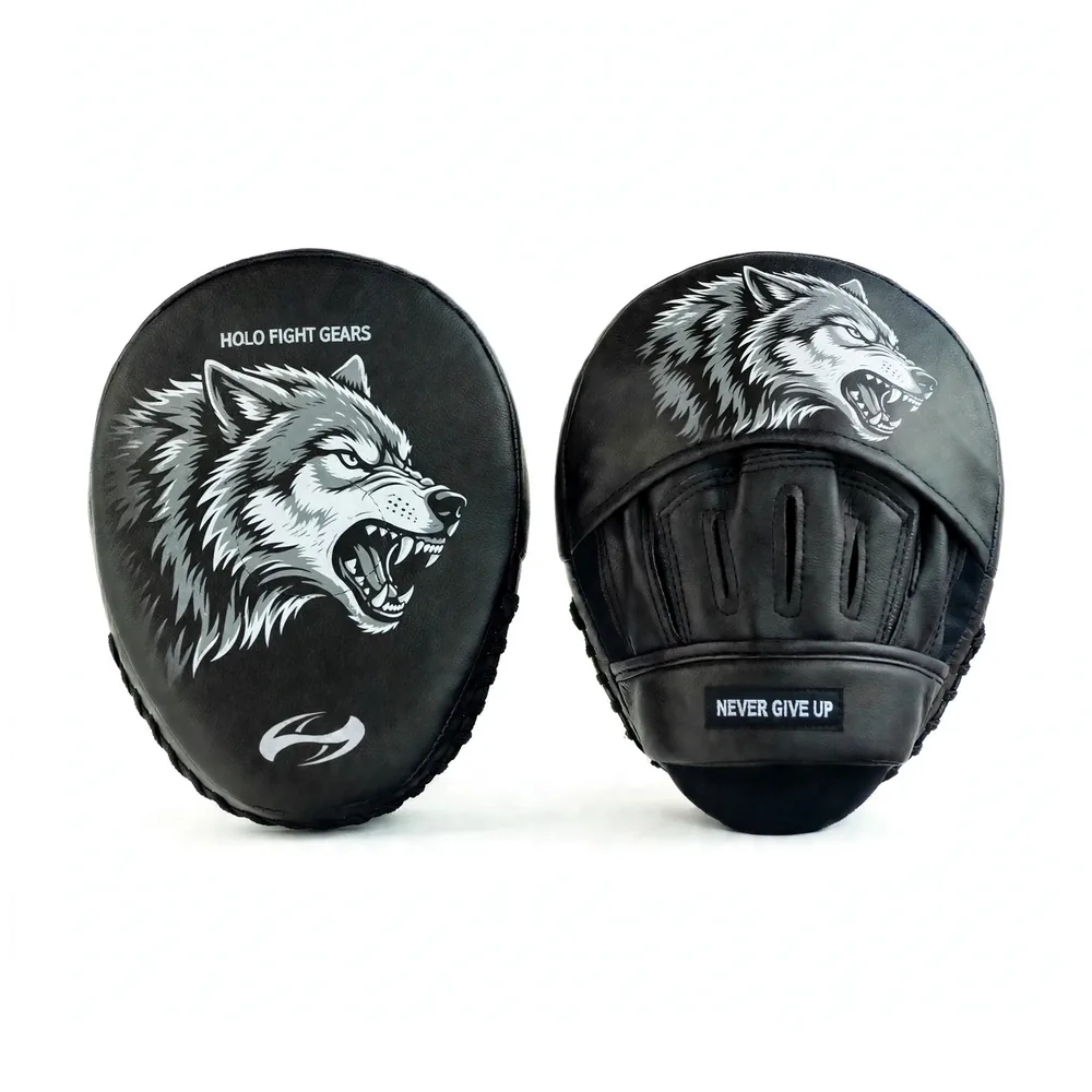 Wolf Holo Fight Gears focus mitts, compact rounded coaching mitts with printed graphic striking face, finger cover flap, finger slots and padded wrist band