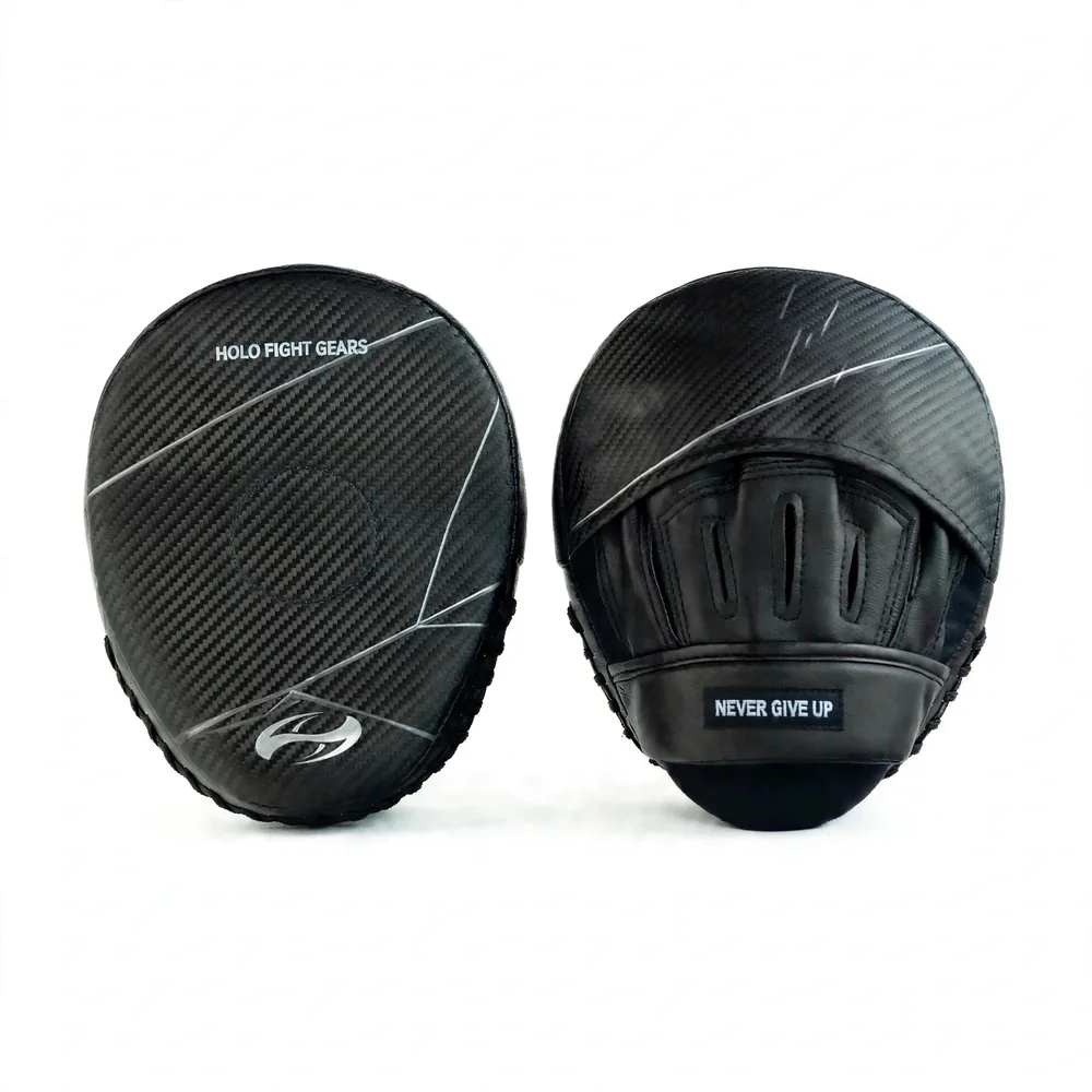Carbon Holo Fight Gears focus mitts, compact rounded coaching mitts with printed graphic striking face, finger cover flap, finger slots and padded wrist band