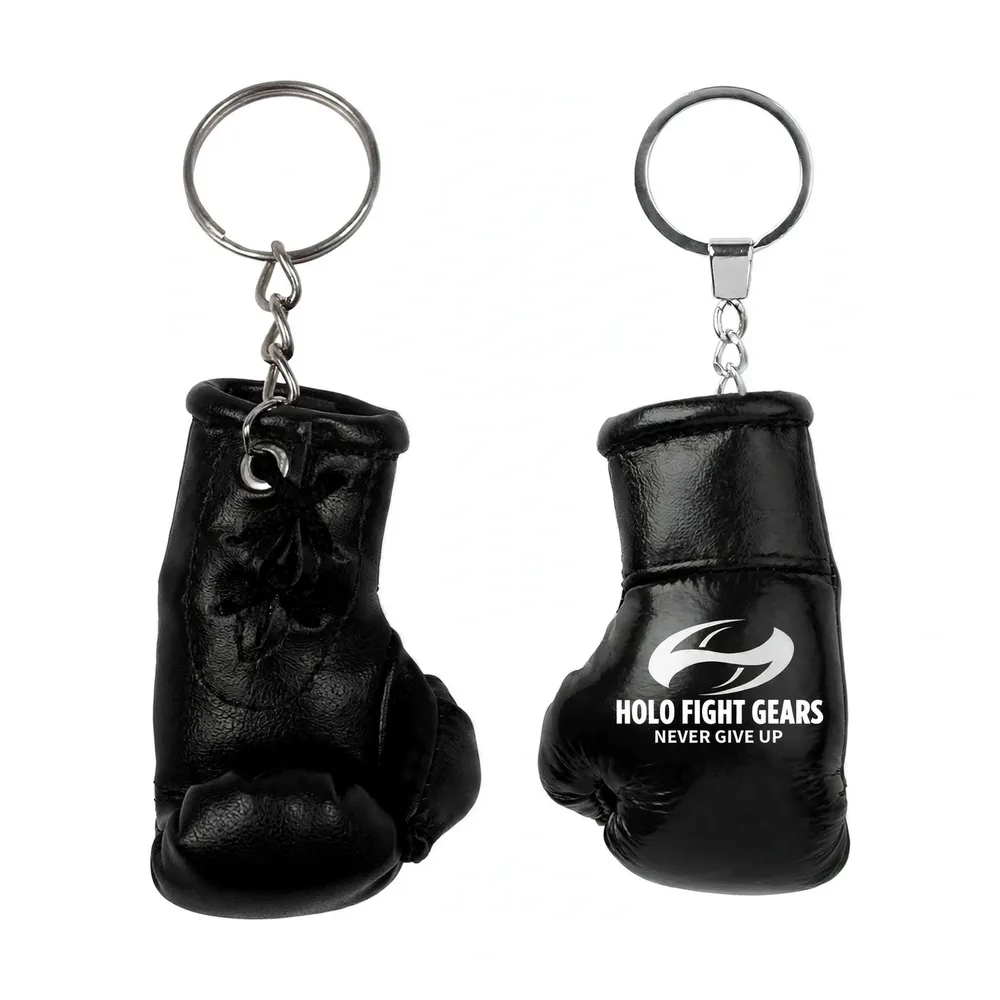 Black Holo Fight Gears boxing glove keychain, lace-up palm side and smooth back panel on a split ring and chain