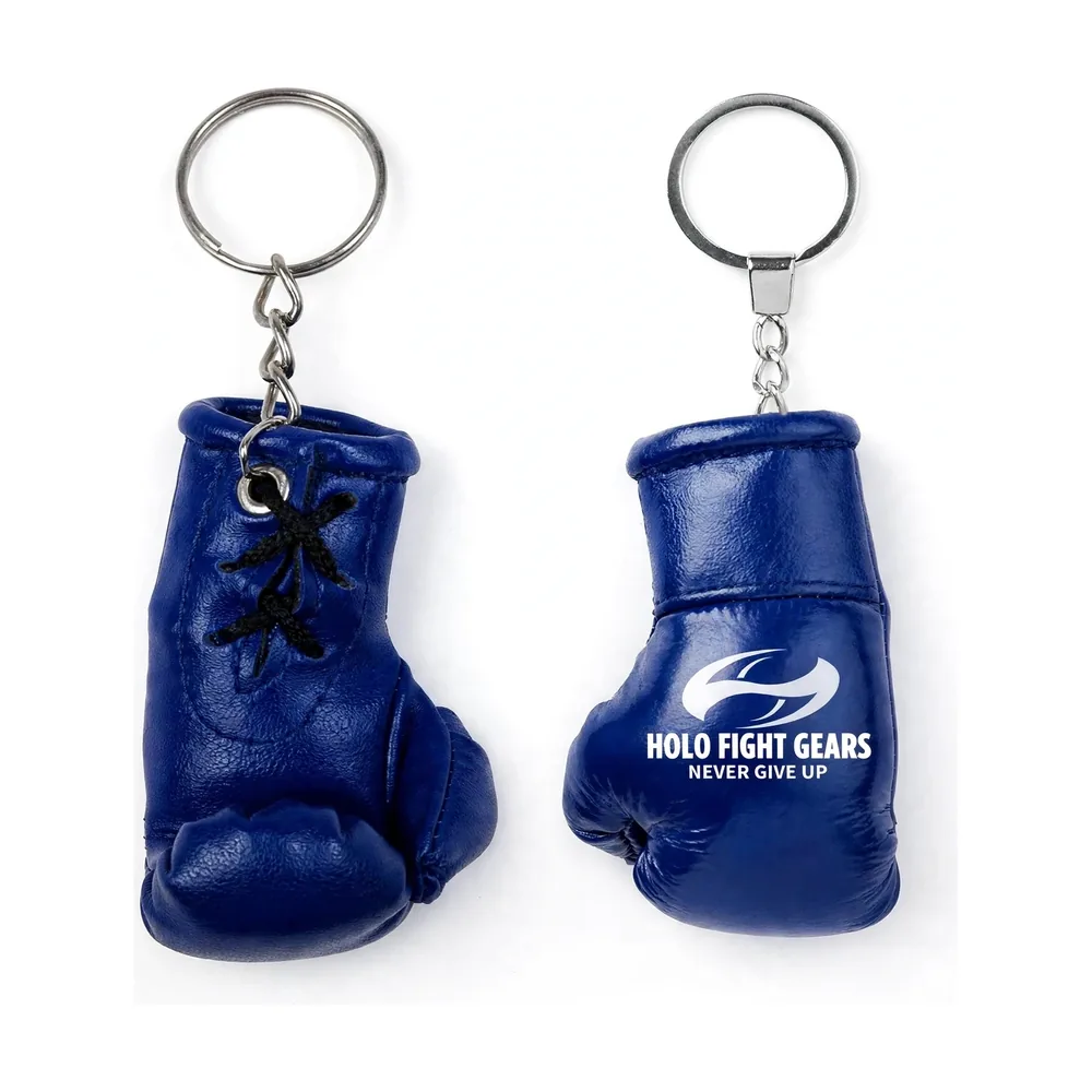 Blue Holo Fight Gears boxing glove keychain, lace-up palm side and smooth back panel on a split ring and chain