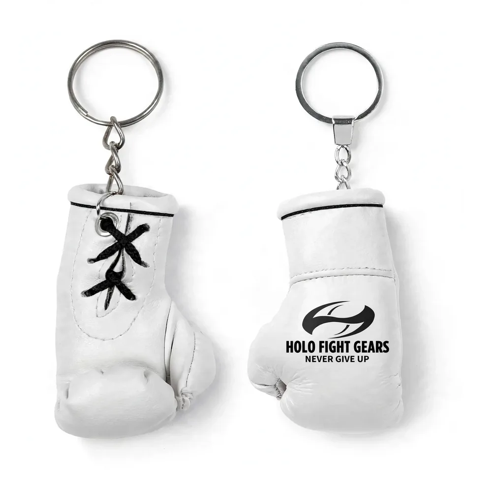 White Holo Fight Gears boxing glove keychain, lace-up palm side and smooth back panel on a split ring and chain