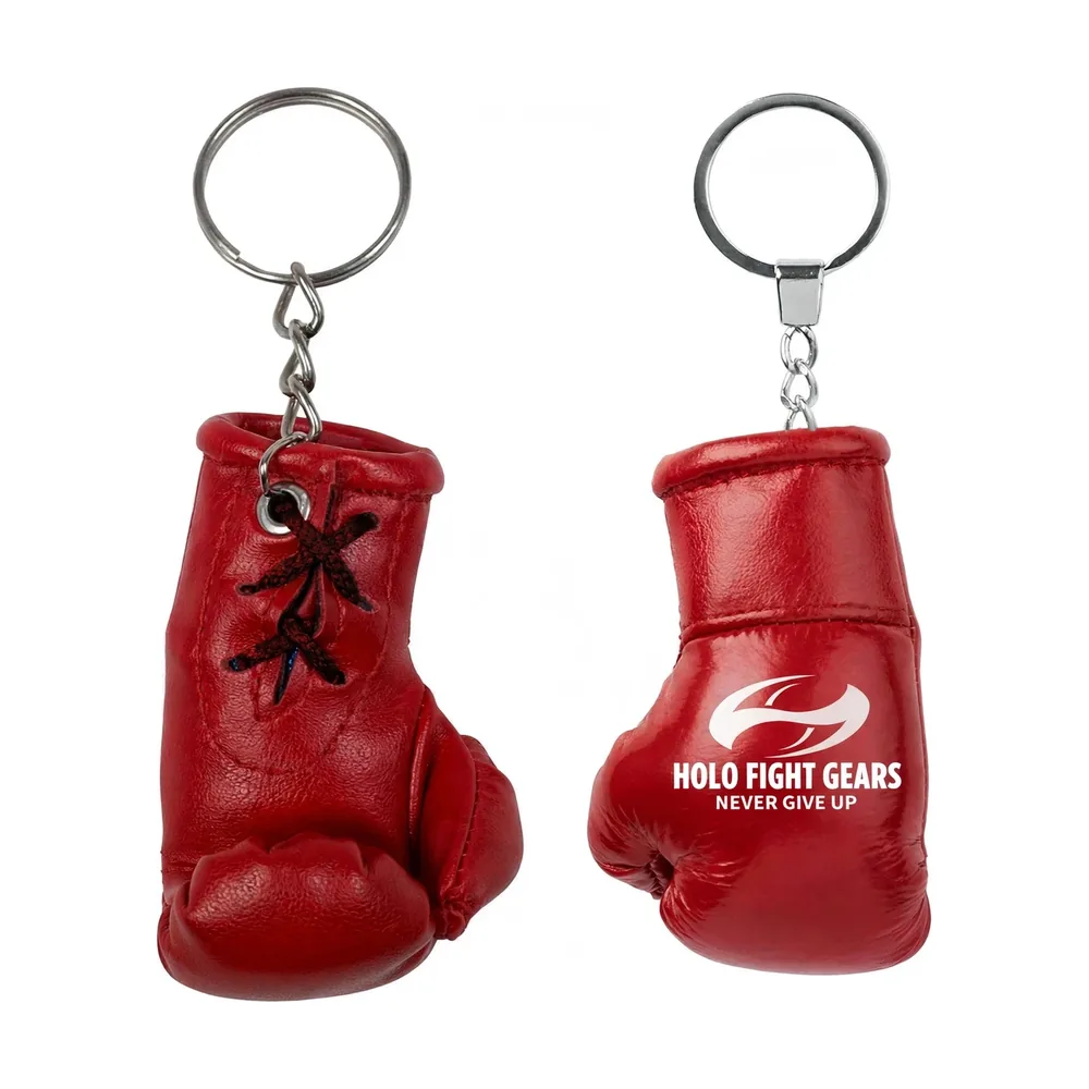 Red Holo Fight Gears boxing glove keychain, lace-up palm side and smooth back panel on a split ring and chain