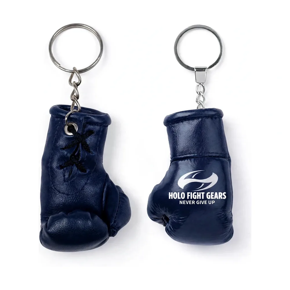 Navy Holo Fight Gears boxing glove keychain, lace-up palm side and smooth back panel on a split ring and chain